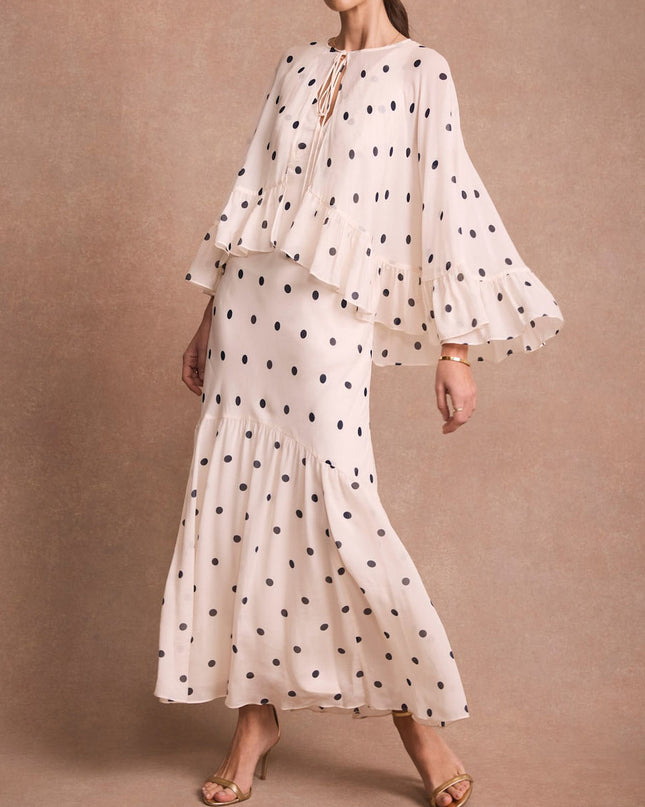 Elegant Polka Dot Ruffle Layered Chiffon Cape Maxi Dress