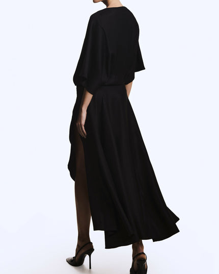 Elegant Satin Flowing Wrap Midi Dress