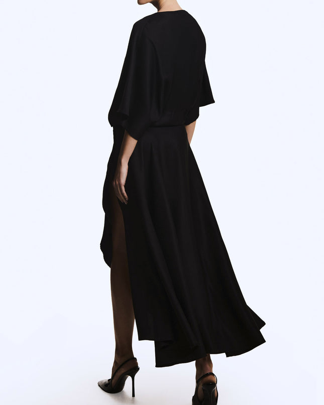Elegant Satin Flowing Wrap Midi Dress