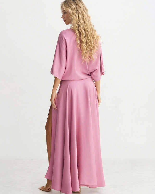 Elegant Satin Flowing Wrap Midi Dress