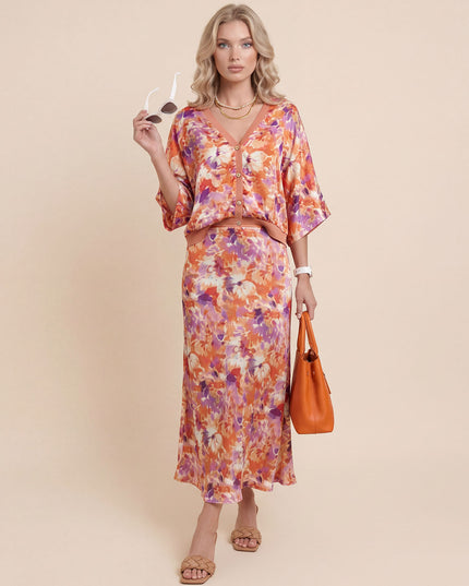 Exquisite Floral Print Satin Batwing Sleeve Set