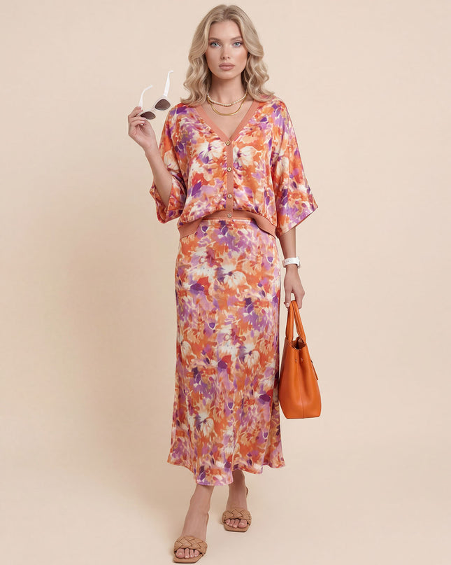 Exquisite Floral Print Satin Batwing Sleeve Set