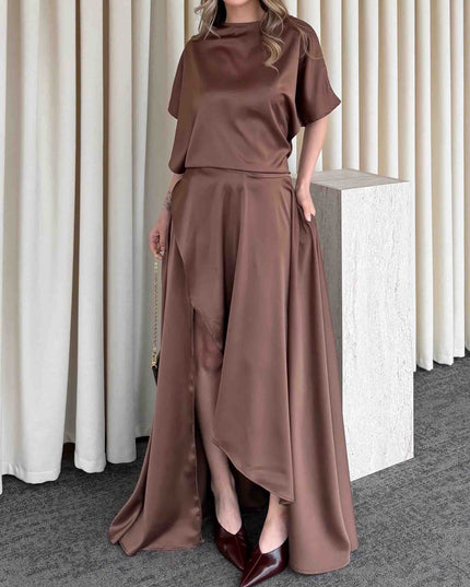 Elegant Satin Flowing Wrap Midi Dress