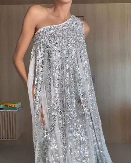 Elegant One-shoulder Neckline Tassel Sequin Maxi Dress