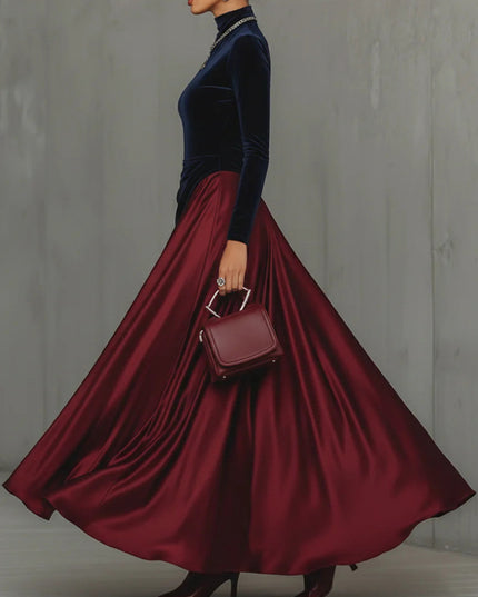 Elegant Velvet Satin Color-blocked Maxi Dress