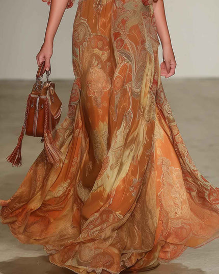 Elegant Retro Paisley Print V-Neck Maxi Dress