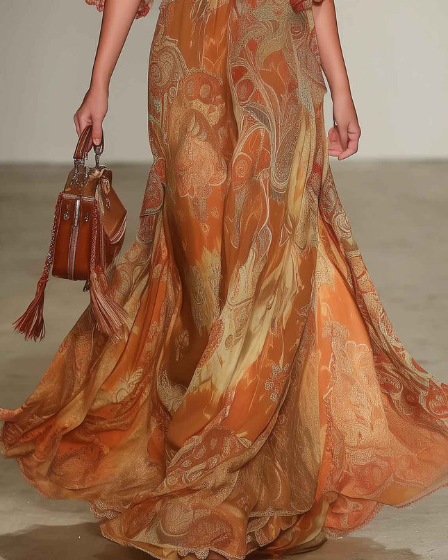 Elegant Retro Paisley Print V-Neck Maxi Dress