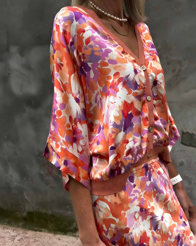 Exquisite Floral Print Satin Batwing Sleeve Set