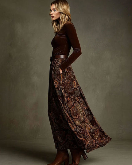 Retro Stretch Velvet Top And Paisley Print Maxi Skirt Set