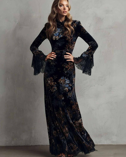 Exquisite Velvet Floral Print Pleated Maxi Dress