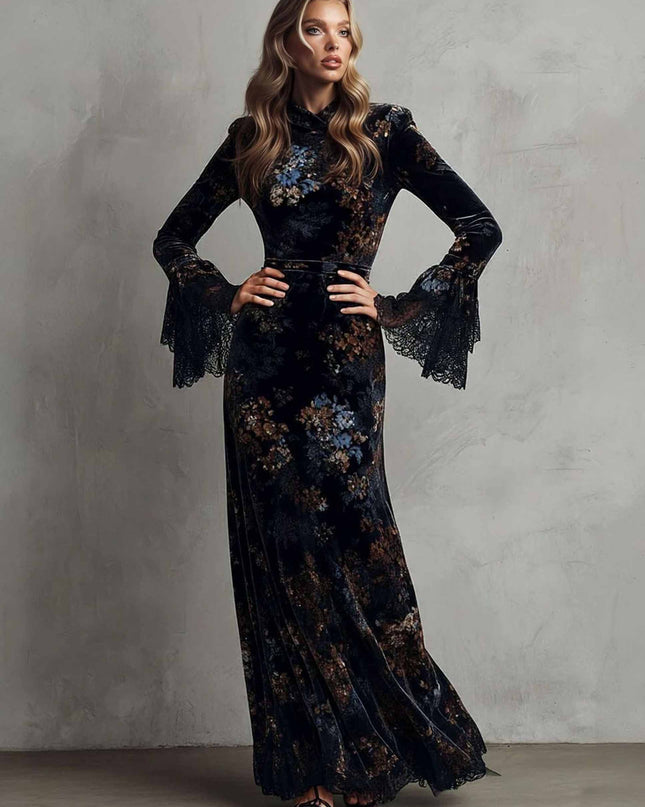 Exquisite Velvet Floral Print Pleated Maxi Dress