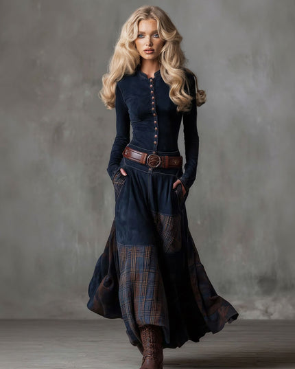 Retro Plaid Patchwork Maxi Dress