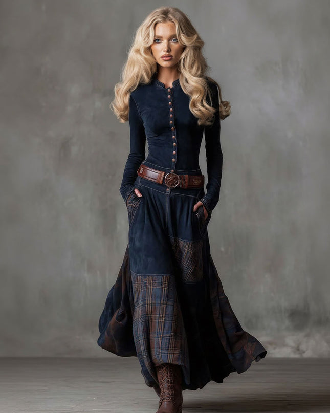 Retro Plaid Patchwork Maxi Dress