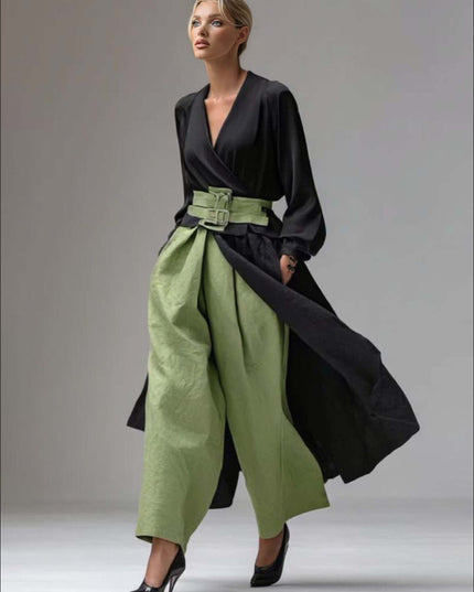 Casual V-neck Wrap-style Long Top Two-piece Set