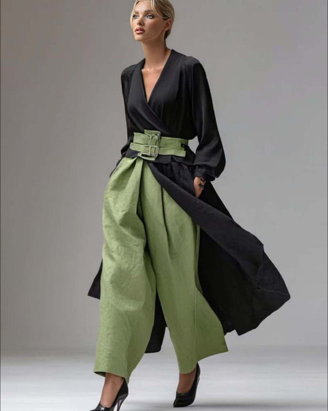 Casual V-neck Wrap-style Long Top Two-piece Set