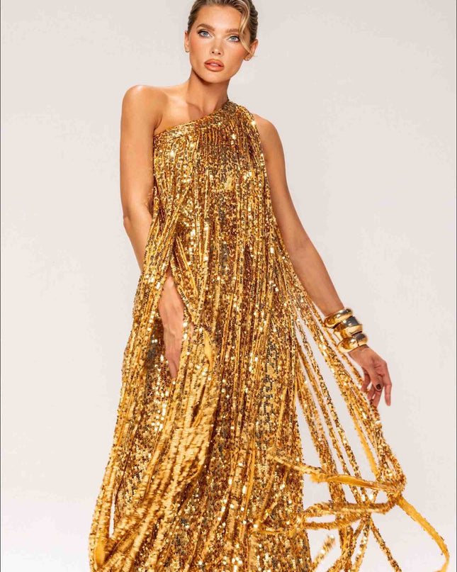 Elegant One-shoulder Neckline Tassel Sequin Maxi Dress