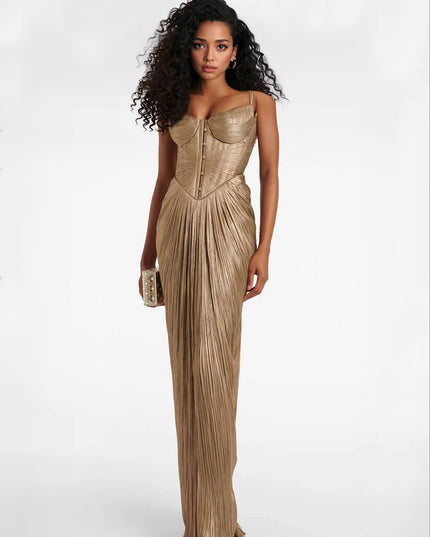Elegant Pleated Metallic Tie-Waist Party Slit Gown Maxi Dress