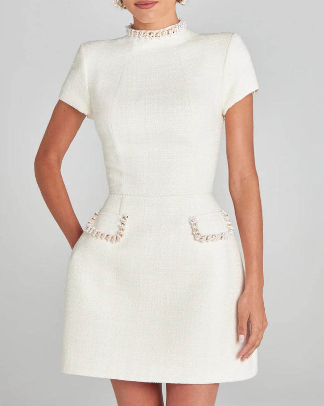Exquisite And Playful Pearl Trim Pocket Mini Dress