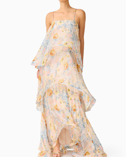 Elegant Floral Print Layered Chiffon Flowing Maxi Dress