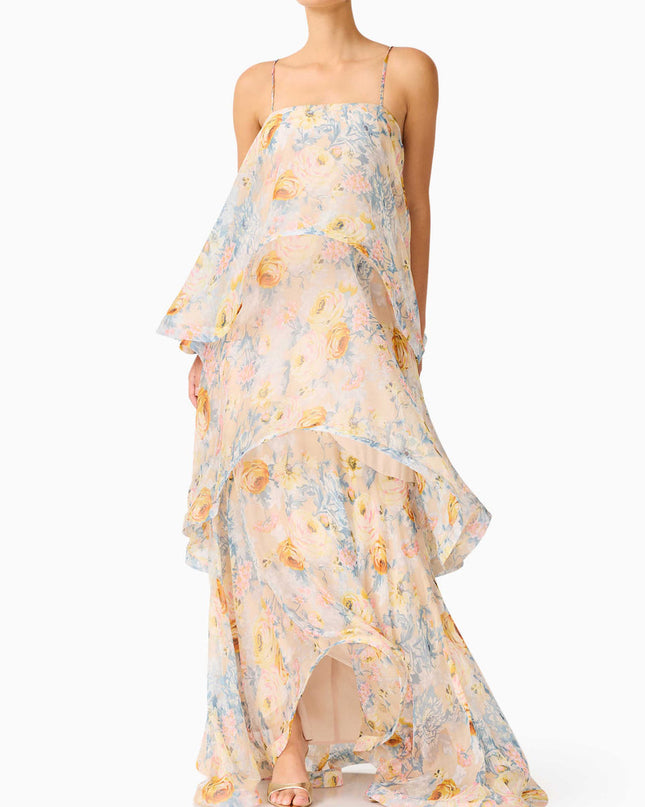 Elegant Floral Print Layered Chiffon Flowing Maxi Dress