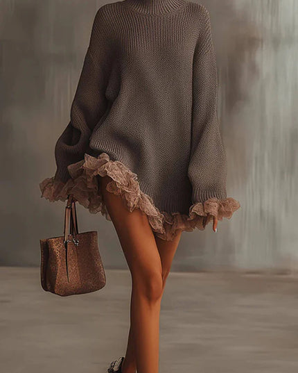 Fashion Solid Color Turtleneck Long-sleeved Loose Ruffle Knit Mini Dress