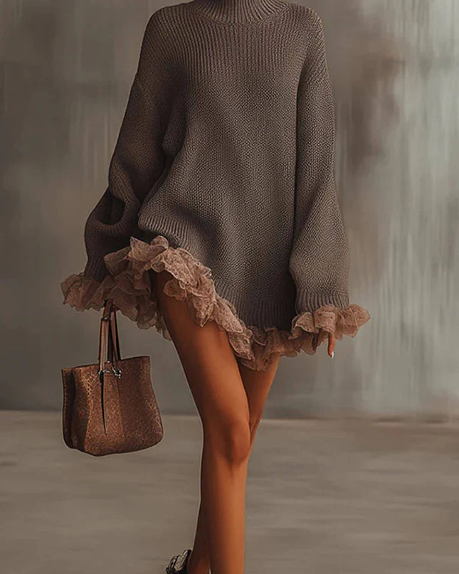 Fashion Solid Color Turtleneck Long-sleeved Loose Ruffle Knit Mini Dress