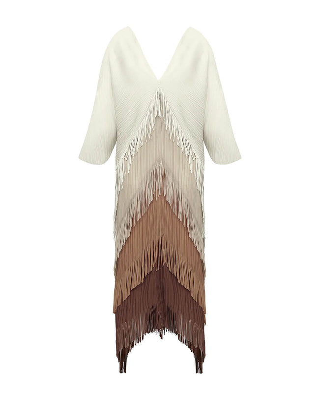 Elegant Pleated Satin Ombre Fringe Detailing Maxi Dress