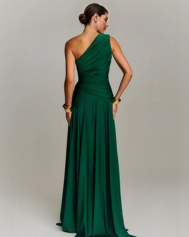 Elegant Draped One Shoulder Cocktail Maxi Dress