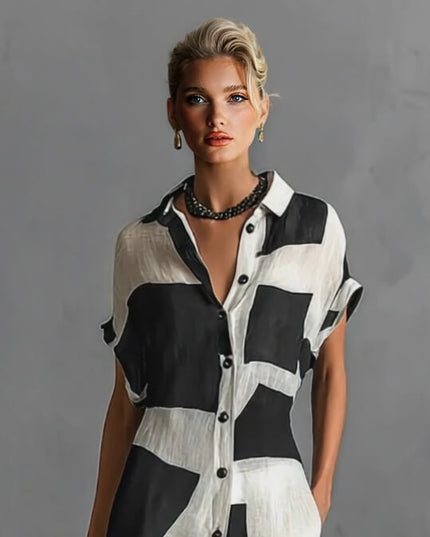 Exquisite Irregular Geometric Print Lapel Single-Breasted Short-Sleeved Maxi Shirt Dress