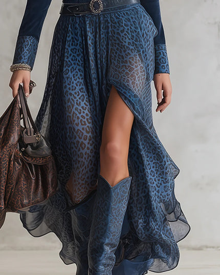 Retro Leopard Print Chiffon Split Maxi Dress