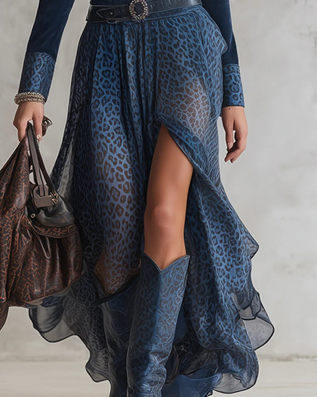 Retro Leopard Print Chiffon Split Maxi Dress