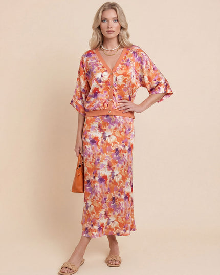 Exquisite Floral Print Satin Batwing Sleeve Set