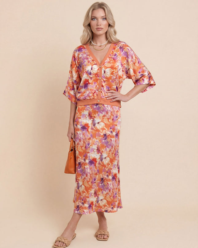 Exquisite Floral Print Satin Batwing Sleeve Set