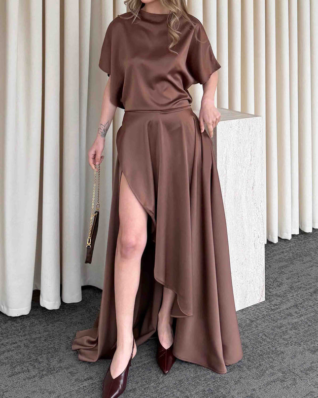 Elegant Satin Flowing Wrap Midi Dress