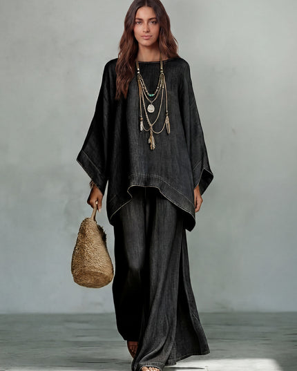 Casual Denim Batwing Asymmetrical Top & Wide Leg Pants Set