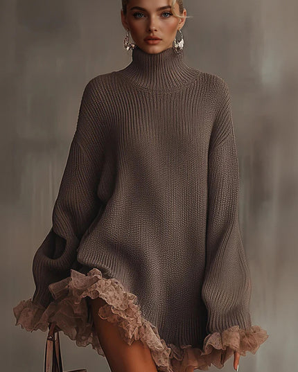 Fashion Solid Color Turtleneck Long-sleeved Loose Ruffle Knit Mini Dress