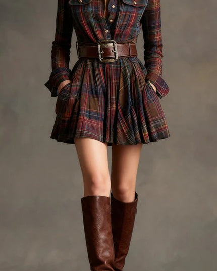 Retro Plaid Single-breasted Mini Dress