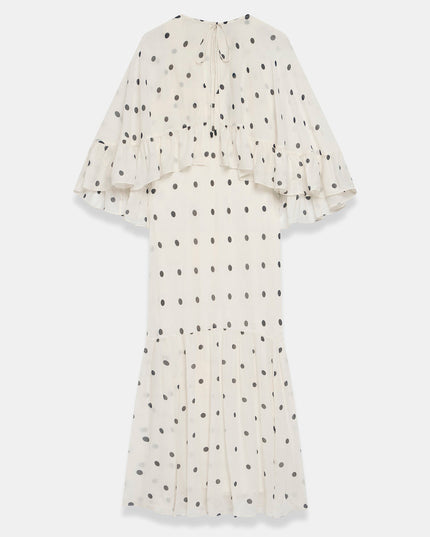 Elegant Polka Dot Ruffle Layered Chiffon Cape Maxi Dress
