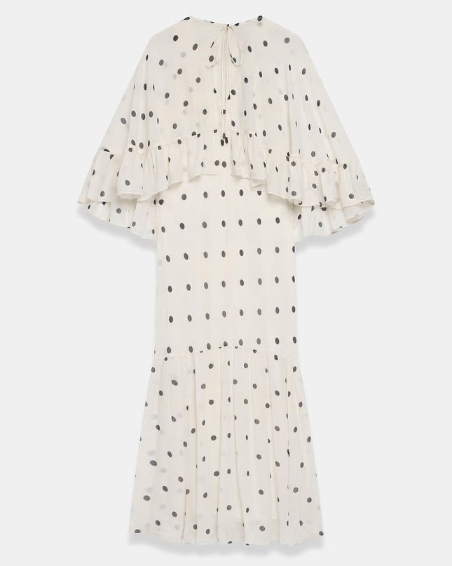 Elegant Polka Dot Ruffle Layered Chiffon Cape Maxi Dress