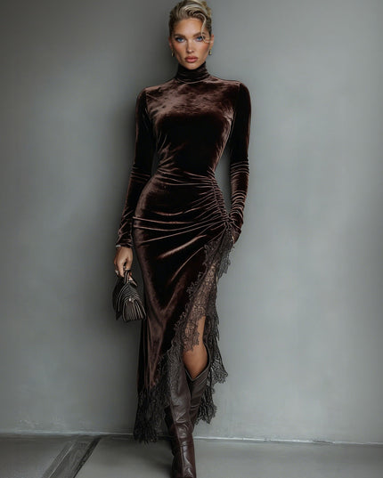 Elegant Lace-trimmed Drawstring Slit Maxi Dress