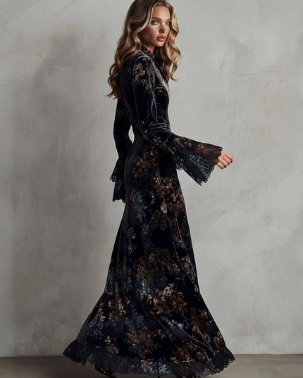 Exquisite Velvet Floral Print Pleated Maxi Dress
