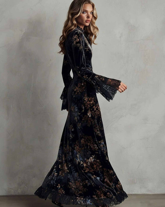 Exquisite Velvet Floral Print Pleated Maxi Dress