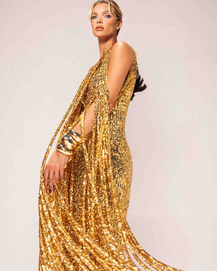 Elegant One-shoulder Neckline Tassel Sequin Maxi Dress
