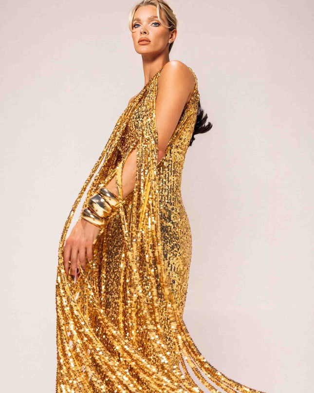 Elegant One-shoulder Neckline Tassel Sequin Maxi Dress
