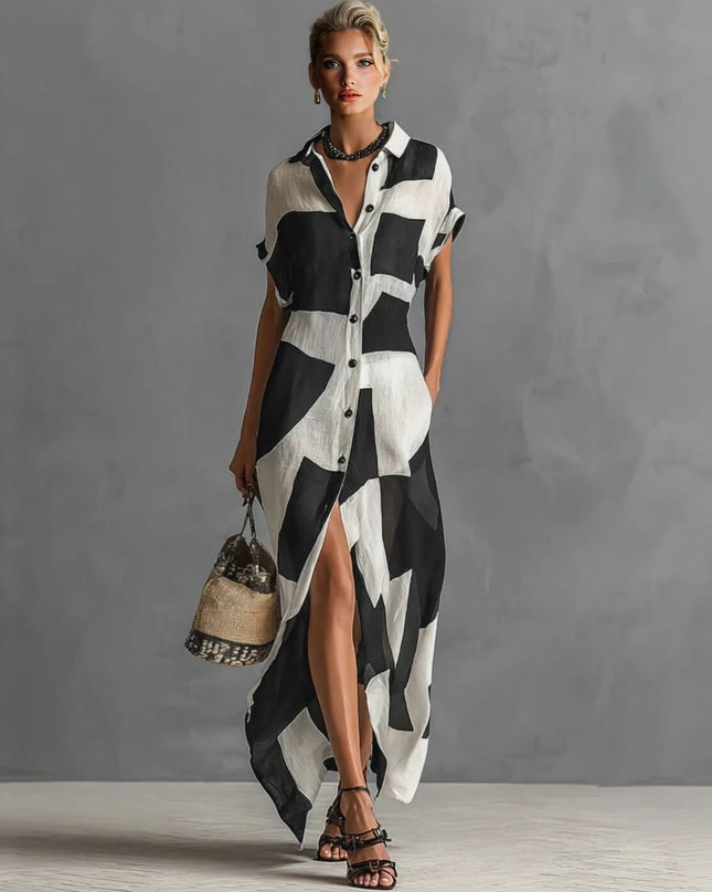 Exquisite Irregular Geometric Print Lapel Single-Breasted Short-Sleeved Maxi Shirt Dress