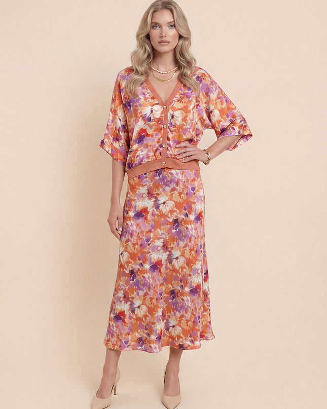 Exquisite Floral Print Satin Batwing Sleeve Set