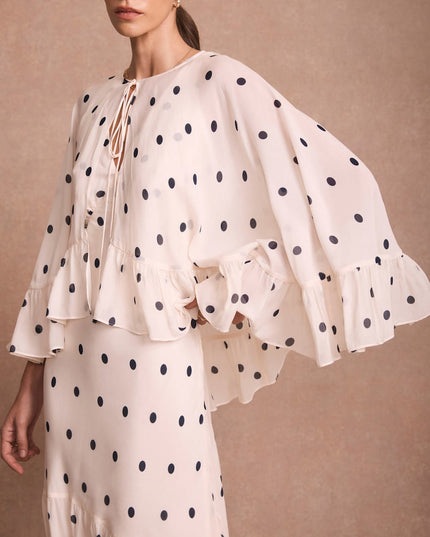 Elegant Polka Dot Ruffle Layered Chiffon Cape Maxi Dress
