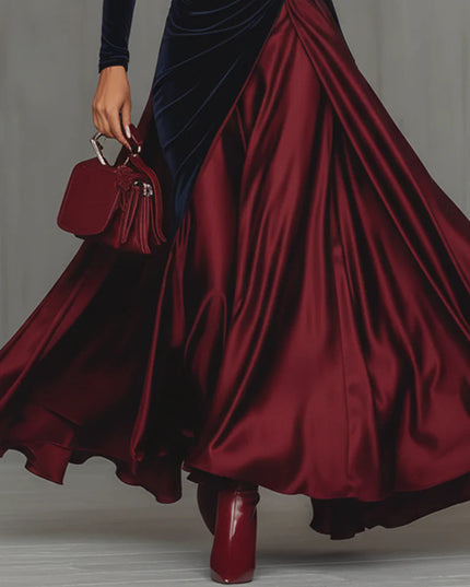 Elegant Velvet Satin Color-blocked Maxi Dress