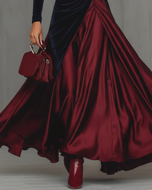 Elegant Velvet Satin Color-blocked Maxi Dress