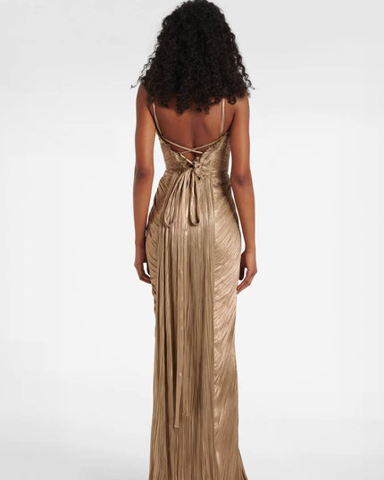 Elegant Pleated Metallic Tie-Waist Party Slit Gown Maxi Dress